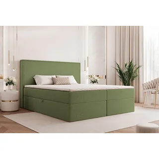 Goldstoff Boxspringbett Modernes Komfortbett "NORDIC DREAM" mit Stauraum & stilvollem Kopfteil (120–200x200 cm, Seitenhöhe: 54 cm), Komfortables Stauraumbett mit Bonellfederkern & Komforthöhe grün