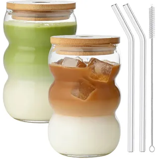 VITEVER Matcha Latte Glas, 2pcs 550ml Glasbecher mit Deckel und Strohhalm Latte Gläser, Bubble Glasbecher, Macchiato Gläser, Cocktailglas, Kaffeeglas Eiskaffee Trinkglas mit Bürste und Strohhalm