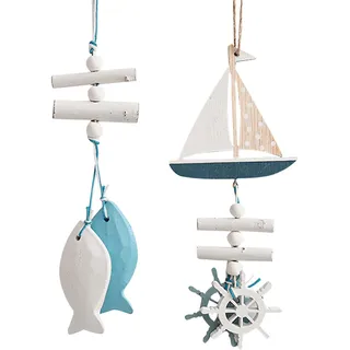 Maritime Deko zum Aufhängen aus Holz, 2 Stück Hängedeko mit Boot und Steuerrad, Fensterdeko Hängend Maritime Basteln, chifffahrt Deko Anhänger Maritime Hängedeko für Fenster Wand Garten Deko (A)