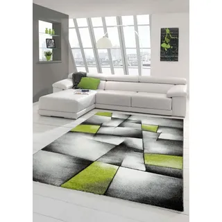 Moderner Designer Teppich für Wohnzimmer Schlafzimmer Garderobe Kurzflorteppich mit Konturenschnitt Karo Muster Grün Grau Weiß Schwarz Größe 120x170 cm