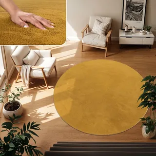 TT Home Wohnzimmer Teppich Kurzflor Anti-Rutsch Rückseite Unifarben Modern Waschbar, Farbe: Dunkelgelb Senfgelb, Größe:80 cm Rund
