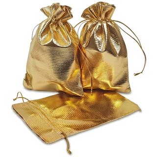 Frau WUNDERVoll® 12 Geschenksäckchen Gold 15 x 10 cm Adventskalender Säckchen Metallic Stoffbeutel zum Basteln und befüllen Gastgeschenk Hochzeit