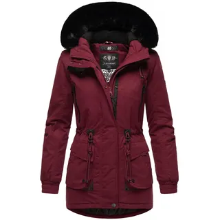 Wintermantel MARIKOO "Olessaa", Damen, Gr. M (38), rot (bordeaux), Obermaterial: 100% Baumwolle. Futter: 100% Polyester. Wattierung: 100% Polyester. Ärmelfutter: 100% Polyester. Kunstfell: 90% Polyacryl, 10% Polyester, figurbetont Po-bedeckend, hoch geschlossener Ausschnitt, Ärmel ohne Ärmelschlitz Windstopperbündchen mit Gummizug, Mäntel Wintermantel, Sportlicher Baumwoll-Parka für den Winter