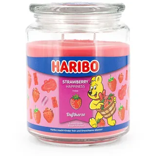Haribo Duftkerze im Glas mit Deckel | Strawberry Happiness | Kerze Fruchtig | Kerzen lange Brenndauer (100h) | Kerzen Rosa | Duftkerze Groß (510g)