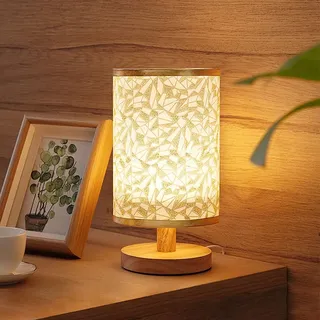 ACAREY Tischlampe Nachttischlampe Holz, Tischlampe Vintage, Kleine Tischleuchte, Retro Landhaus, Lampenschirm Aus Leinen, Für Deko Schlafzimmer, Wohnzimmer, Geschenk, Beige, Geschenke Für Frauen (B)