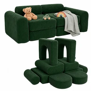 Relaxdays 10-tlg., weiche Bausteine, Kindercouch, Cord, HBT: 32x108x50 cm, Spielcouch, grün - Kindertisch, Kinder-Spielsofa, modular, Dunkelgrün