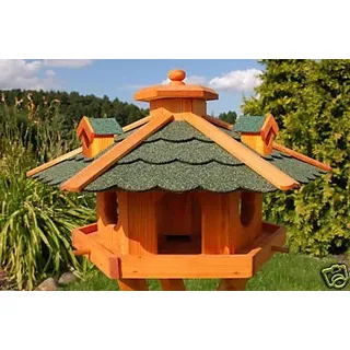Vogelhaus Futterhaus Futterhäuschen Vogelvilla V12, Vogelfutterhaus aus Holz mit Solarbeleuchtung beleuchtet mit und ohne Ständer (Grün, ohne Ständer) mit Futtersilo, Silo