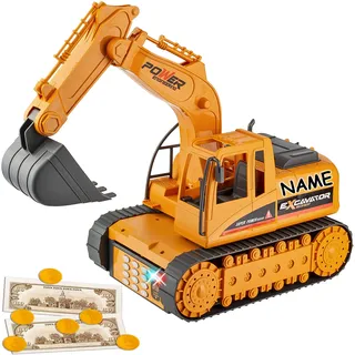 alles-meine.de GmbH Spardose - elektronisch - Bagger/Baustellenfahrzeug - inkl. Name - mit Fingerabdruck + Zahlenkombination/Passwort + Sound + Licht - digitaler Tresor Spars..