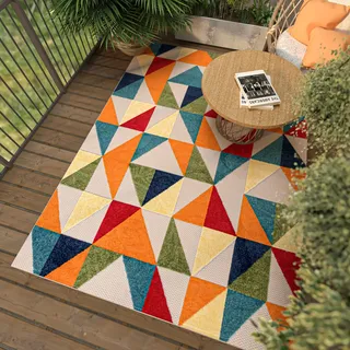 Mazovia Teppich Outdoor Wetterfest - Teppiche für Terrasse, Garten - Balkon Teppich Wasserabweisend - Geometrisch - Bunt 80 x 150 cm