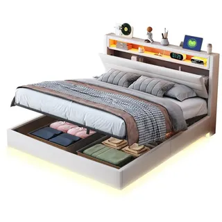 MODFU Polsterbett Gästebett Doppelbett Stauraumbett Jugendbett Funktionsbett Kinderbett (Multifunktionales Polsterbett,mit Hydraulischem Stauraum, USB-Steckdose & LED-Beleuchtung, Wendekopfteil und Versteckten Füßen – Leinen Beige für Schlafzimmer & kleine Räume, 140x200 cm), Ohne Matratze beige
