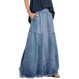 Bossy Damen Lässiger Maxi-Jeansrock mit elastischer Taille und ausgefranstem Saum, A-Linie, Used-Look - Blau - X-Groß - XL