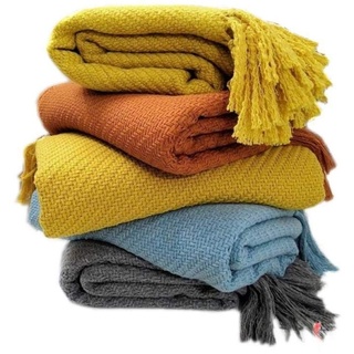 Nordic, Decke, einfarbig, gestrickt, Sofa, Decke, Bett und Frühstück, Quasten, Wolle, Decke Handtuch am Ende des Bettes-145 * 210CM_Gelb