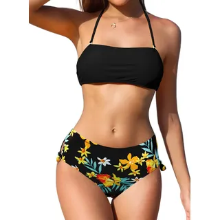 SHEKINI Damen Bikini Set Rückenfrei Bandeau Verstellbarer Neckholder Bikinioberteil Elegant Zweiteiliger Badeanzug Hohe Taille Bikinihose Bademode(Small, Blumendruck-Schwarz) - S