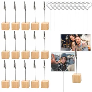 25 Stück Fotohalter mit Klammern, Tischkartenhalter Set 15 x Holzsockel Fotoständer und 10 x Kartenhalter in Herzform, Memo Clip Halter, Zettelhalter, Kartenständer für Bilder Karten Notizen