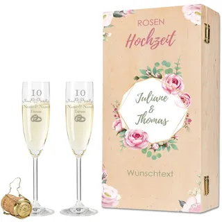 GRAVURZEILE Leonardo Sektgläser mit Gravur - Rosenhochzeit 10 Jahre - Personalisiert mit Namen & Datum inkl. Holzkiste - Geschenk zur Hochzeit Verlobung Jahrestag - Farbe: Sekt
