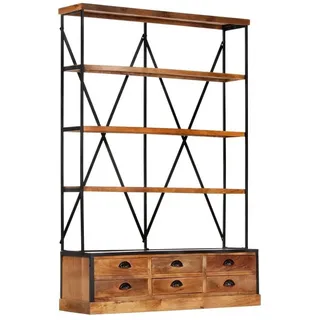furnicato Bücherregal Vollholz & pulverbeschichteter Stahlrahmen 122x36x181 cm, 1-tlg., Regalwand mit 6 Schubladen und 4 Ablagen im Industrie-Look braun