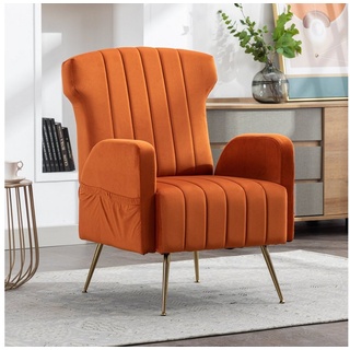 OKWISH Loungesessel Fernsehsessel Freizeitstuhl Relaxsessel Sessel (mit eitentaschen, Samt), mit goldenen Füßen orange