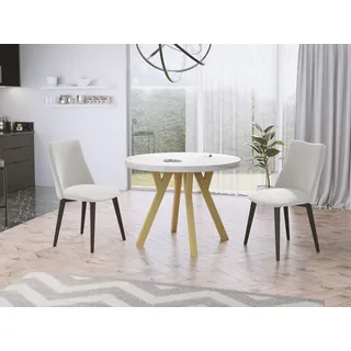 WFL GROUP Esstisch Mateo ausziehbar rund modern mit goldenen Holzbeinen (MADE IN EU, erhältlich in zwei Größen – 100/100 cm, ausziehbar auf 150/200 cm), platzsparender Tisch für kleine Küche, Esszimmer oder Wohnzimmer weiß