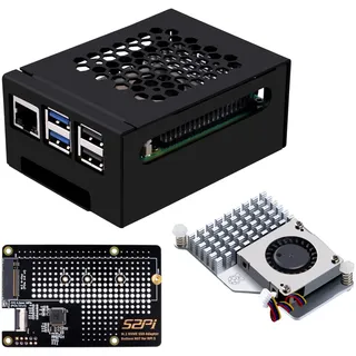 GeeekPi Metall Gehäuse mit N07 M.2 NVMe SSD PCIe Peripheral Board für Raspberry Pi 5, mit Offiziellem Aktivkühler, Support M.2 Key-M NVMe SSD 2230/2242/2260/2280