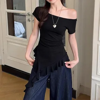 Damen Schulterfreies T-Shirt mit Rüschenärmeln, für schmale Passform, einfarbig, lässiges Sommer-Top in Weiß oder Schwarz (L Schwarz)