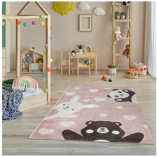 Jimri Kinderteppich Happy Friends Teppich für Kinderzimmer, Kinderteppich Bär Hase Panda, Läufer beige|rosa Läufer | 80 cm x 150 cm