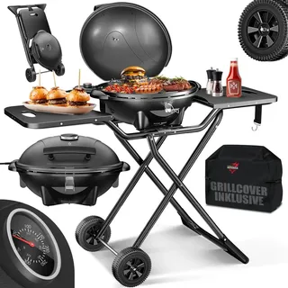 KESSER® elektrischer Elektrogrill 2in1 Tischgrill - Standgrill mit Deckel und Standfuß | max. 2400 Watt | Faltbar | Thermometer | Antihaftbeschic...