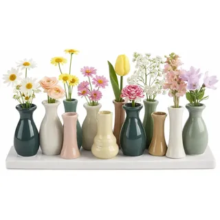 Dekovase Handgefertigte kleine Keramik Deko Blumenvasen Set aus kleinen Vasen, bunt & weiß, dekorative Keramikvasen auf Sockel für Trockenblumen, hübsche Mini Vase (Vase (10er) bunt V1-30cm)