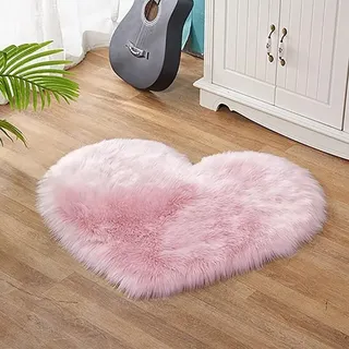 【3 € Rabatt ab 10 €】Weiches Teppichkissen aus Kunstwolle in Herzform, 90 x 90 cm Plüsch-Teppich mit langem Flor, niedliches rutschfestes Wohnteppich für Mädchenzimmer, Kinderzimmer, Schlafzimmer-Dekoration (Rosa)