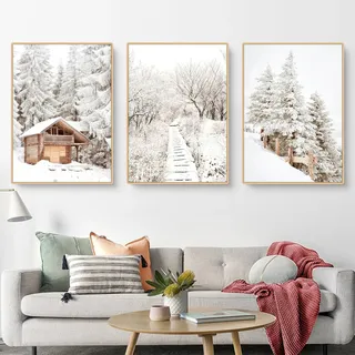 CULASIGN 3er Premium Poster Set, Modern Winter Bilder, Wandbilder Wanddeko für Wohnzimmer Schlafzimmer, Winterlandschaft Bilderset Elch, Holzhaus,Auto, Eichhörnchen,Wald - Ohne Rahmen (FGH,30x40cm)