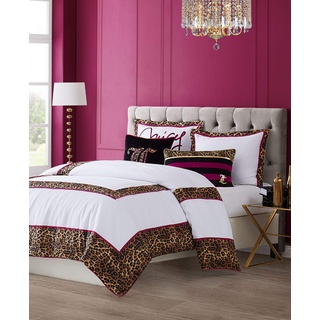 Juicy Couture Regent Leopard Bettwäsche-Set, Queen-Size-Größe, Geparden-Bordüre mit rosa und weißem Baumwollsatin, 3-teiliges Set, inklusive 1 228,6 x 233,7 cm, 2 Kissenbezüge