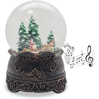 Schneekugel Musik Weihnachten | Kutschfahrt | B: 10 cm H: 14 cm | 20325 | Sockel Zinnoptik Ornamente | Schlittenfahrt mit Spieluhr| Schüttelkugel Weihnachtsdekoration