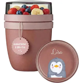 wunderwunsch Mepal Müslibecher personalisiert, Pot Joghurtbecher, to go Becher, Geeignet für Tiefkühler, Mikrowelle und spülmaschinenfest mit Wunschnamen (Pinguin, dunkelrosa)