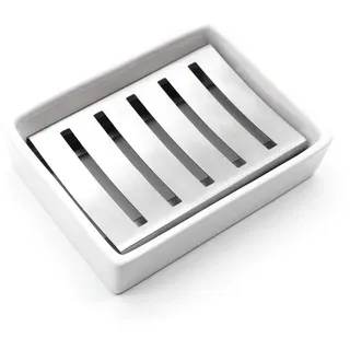 Seifenschale, Keramikschale, YOCZOX Seifenhalter, Keramik Sitz, Seifenablage, Seifenkiste, Seifen Box, Seifenretter, Ideal für Bad und Dusche Weiß-Silber