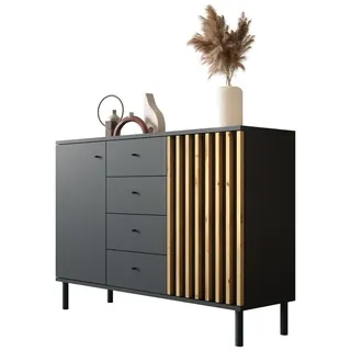 Kommode 118 cm Schwarz Wildeiche 4 Schubladen 2 Türen Lamellen | Sideboard Anrichte Wohnzimmerschrank modern mit Metallbeinen - Schwarz