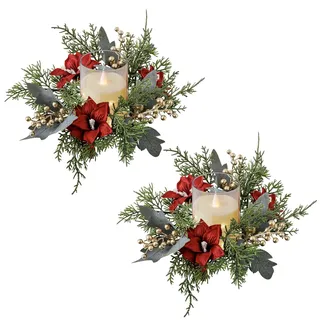 Skeadex Adventskranz Kerzen Tischdeko, 2 Stück Kerzenring, Künstliche Weihnachtskranz Kerzenkranz für Stabkerzen, Tannenkranz für Weihnachten Tisch Dekoration (C)