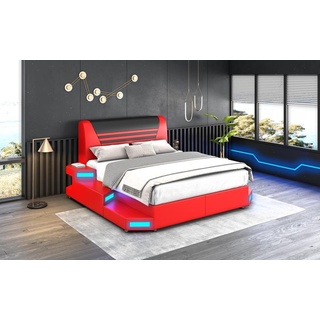 JVmoebel Bett Luxus Led Beleuchtetes Schlafzimmer Bett Lederbett 180x200 Möbel (Bett) rot