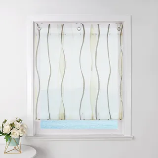 ESLIR Raffrollo mit Ösen Gardinen Küche Raffgardinen Transparent Ösenrollo Vorhänge Mit Wellen-Druck Modern Voile Sand BxH 80x140cm 1 Stück