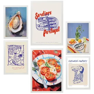 POSTER Set Mit 6 Von Lebensmitteln & Mediterraner Ernährung Im Pop Art A3 & A4 Weißer Rahmen