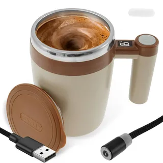 Selbstrührende Tasse Usb 400ml Selbstrührender Kaffeebecher mit Temperaturanzeige Automatischer Rührer Intelligente Temperaturmessung für Kaffee, Milch, Heiße Schokolade (Braun)