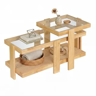 COSTWAY Couchtisch (2er Set), Satztisch aus gehärtetem Glas, Rattan, rechteckig mit Stauraum beige