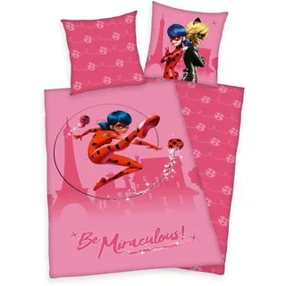 Herding Miraculous Bettwäsche-Set, Wendemotiv, Kopfkissenbezug 80 x 80 cm, Bettbezug 135 x 200 cm, Mit leichtläufigem Reißverschluss, Baumwolle/Renforcé, Pink