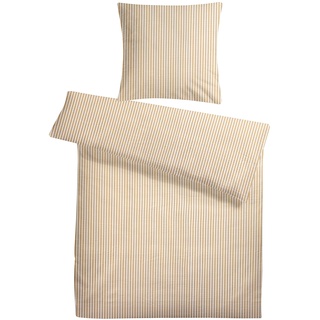 Carpe Sonno Seersucker Bettwäsche 135 x 200 cm Baumwolle - 2 teilig Bettwäsche-Sets aus Deckenbezug + Kissenbezug - mit Reißverschluss für Bettwäsche - Gestreift Bettwäsche Bügelfrei - Creme
