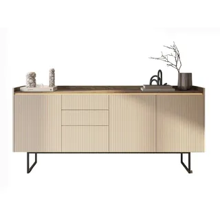 Compleo Schubkastenkommode Kommode 3 Schubladen beige/eiche dunkel, dreitürig DENI, Sideboard mit Lamellen beige