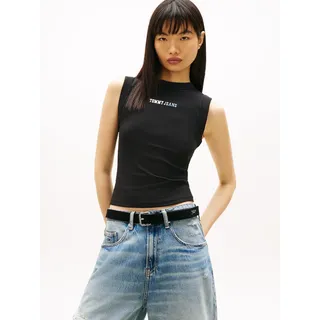 T-Shirt TOMMY JEANS "TJW SLIM ESS LOGO 2 RIB TANK", Damen, Gr. M (38), schwarz, Single Jersey, Obermaterial: 95% Baumwolle, 5% Elasthan, unifarben, slim fit hüftlang, Rundhals, Shirts T-Shirt, mit gerippter Struktur