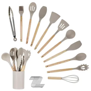 Küchenhelfer Set - 12-teiliges Silikon Küchenutensilien Set mit Besteckbox - Holzgriff-Küchenhelfer, hitzebeständig, antihaftbeschichtet & spülmaschinenfest - Küchenhelfer (Khaki)