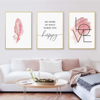 Herfair 3er Poster Set Rosa Feder LOVE Bilder Set Premium Poster Wohnzimmer Schlafzimmer Wanddeko, Ohne Rahmen (30x40cm)