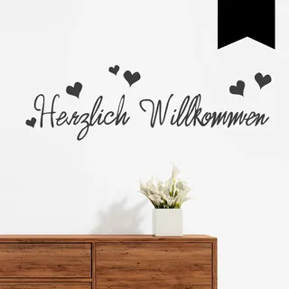 WANDKINGS Wandtattoo - Herzlich Willkommen (mit 6 Herzen) - 85 x 26 cm - Schwarz - Wähle aus 5 Größen & 35 Farben