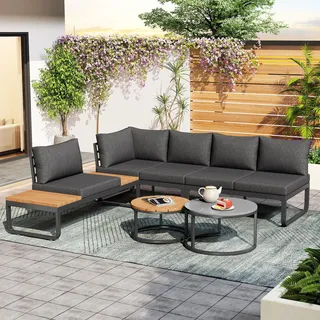Merax Gartenmöbel Set 5-Personen, Sitzgruppe Gartenlounge mit Kissen & Satztische, Outdoor Ecksofa-Set aus verzinktem Eisen & Kunststoffholzplatte, Möbel wetterfest für Garten Balkon Terrasse, Grau