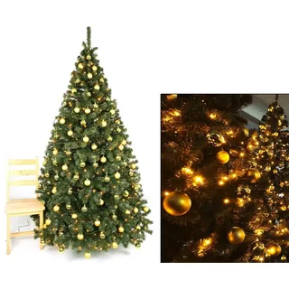 Künstlicher Weihnachtsbaum 240cm geschmückt mit goldenen Kugeln und LEDs,