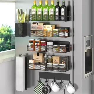 Magnetisches Gewürzregal für Kühlschrank, 7 Stück, Metall, magnetisches Regal, schwarz, beweglicher Gewürz-Organizer mit Hakenleiste, Papierhandtuchhalter, Küchenutensilienhalter, starke magnetische